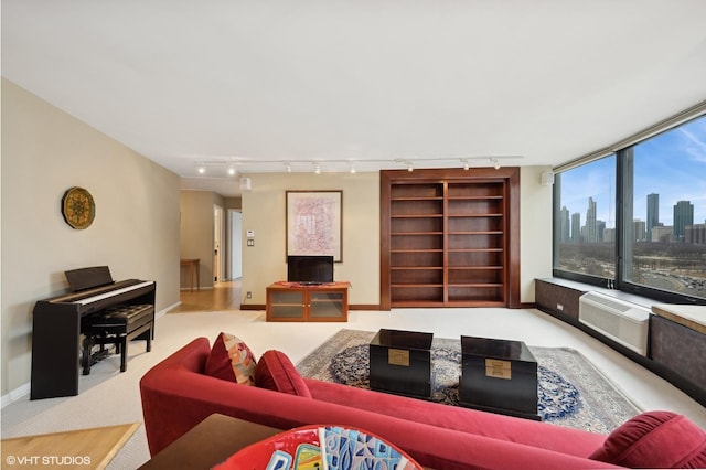 155 N Harbor Dr Unit 1103, Chicago, IL 60601 - carpeted living room with rail lighting, baseboards, and a wall unit AC