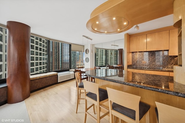 155 N Harbor Dr Unit 1103, Chicago, IL 60601 - kitchen featuring light wood finished floors, tasteful backsplash, a kitchen bar, and dark stone counters