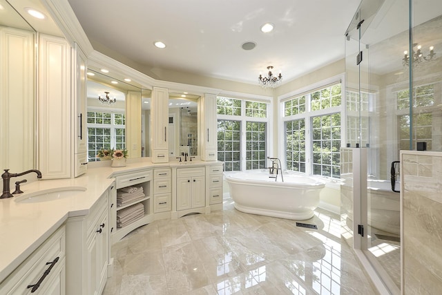 26285 W Roberts Ln, Barrington, IL 60010 - bathroom featuring vanity, a shower stall, a freestanding bath, recessed lighting, and marble tiled floors