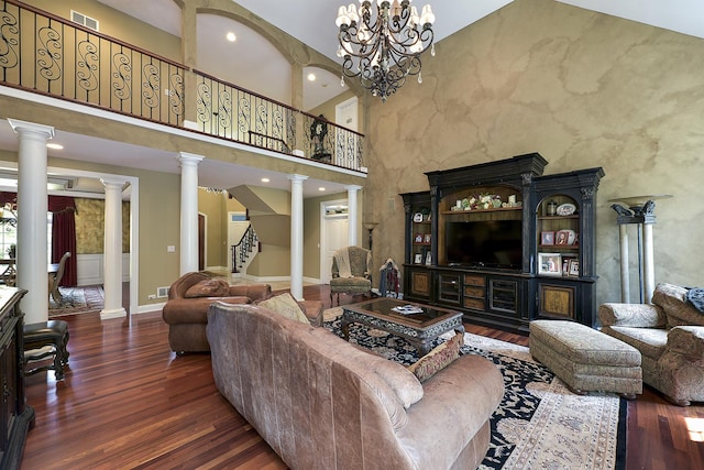 26285 W Roberts Ln, Barrington, IL 60010 - living room with wood finished floors, decorative columns, stairs, baseboards, and a towering ceiling