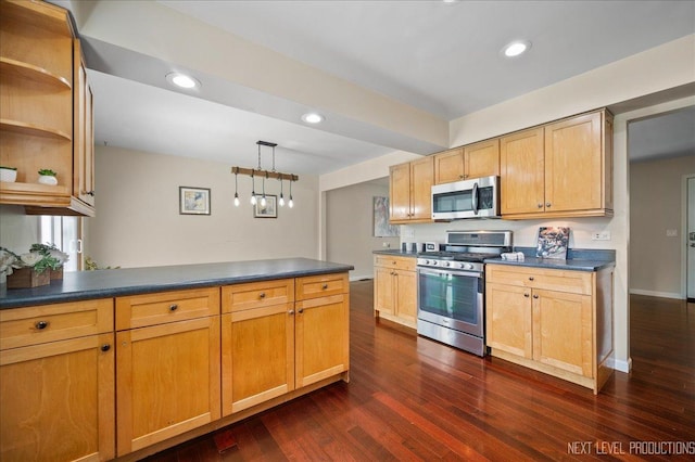 6416 W Rawson Bridge Rd W, Cary, IL 60013 - kitchen with stainless steel appliances, dark countertops, a peninsula, dark wood-style floors, and recessed lighting