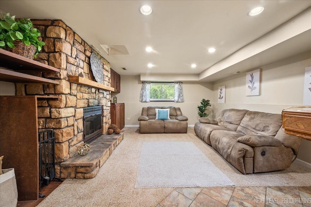 6416 W Rawson Bridge Rd W, Cary, IL 60013 - carpeted living area featuring baseboards, recessed lighting, and a fireplace