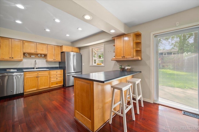 6416 W Rawson Bridge Rd W, Cary, IL 60013 - kitchen featuring appliances with stainless steel finishes, open shelves, a sink, dark countertops, and recessed lighting