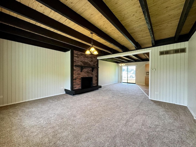 16159 Long Ave, Oak Forest, IL 60452 - unfurnished living room with carpet, wood walls, a fireplace, and wooden ceiling with exposed beams