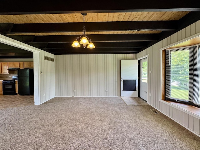 16159 Long Ave, Oak Forest, IL 60452 - unfurnished living room featuring light colored carpet, wooden walls, a chandelier, and wooden ceiling with exposed beams