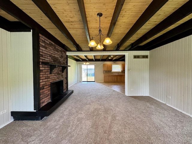 16159 Long Ave, Oak Forest, IL 60452 - unfurnished living room featuring carpet floors, a chandelier, a brick fireplace, wooden ceiling with exposed beams, and wood walls