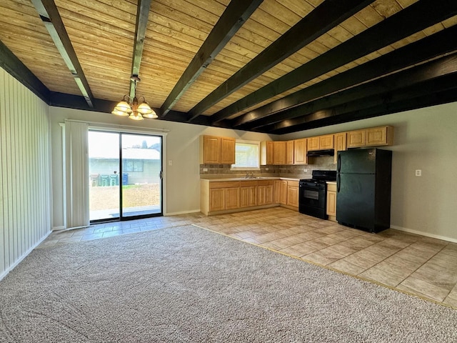 16159 Long Ave, Oak Forest, IL 60452 - kitchen with black appliances, light tile patterned floors, a chandelier, under cabinet range hood, and wood ceiling with exposed beams
