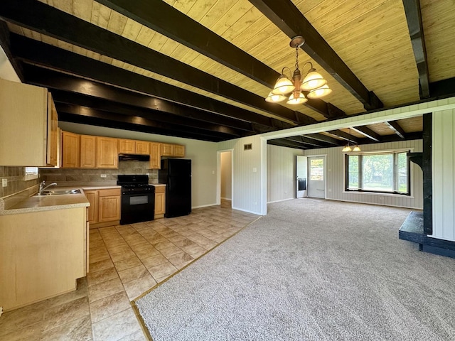 16159 Long Ave, Oak Forest, IL 60452 - kitchen featuring black appliances, light countertops, open floor plan, a chandelier, and wooden ceiling with exposed beams