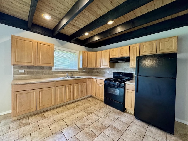 16159 Long Ave, Oak Forest, IL 60452 - kitchen with black appliances, light brown cabinetry, wooden ceiling with exposed beams, a sink, and light countertops
