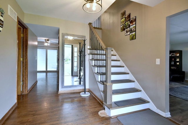 179 Old Forge Rd, Elgin, IL 60123 - stairs with wood finished floors, baseboards, and ceiling fan