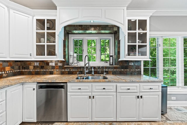 41W877 Hunters Rdg, Saint Charles, IL 60175 - kitchen featuring stainless steel dishwasher, white cabinets, crown molding, and decorative backsplash