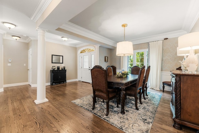 41W877 Hunters Rdg, Saint Charles, IL 60175 - dining area featuring decorative columns, wood finished floors, and ornamental molding