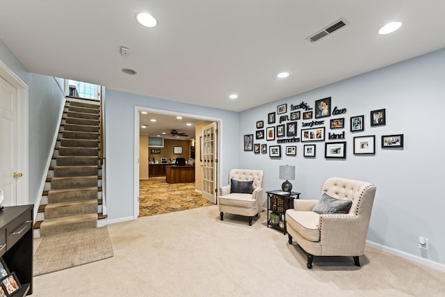 41W877 Hunters Rdg, Saint Charles, IL 60175 - living area with carpet floors, stairs, recessed lighting, and ceiling fan