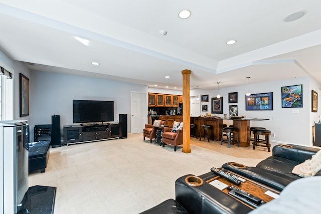 41W877 Hunters Rdg, Saint Charles, IL 60175 - living area featuring bar, recessed lighting, decorative columns, and light carpet