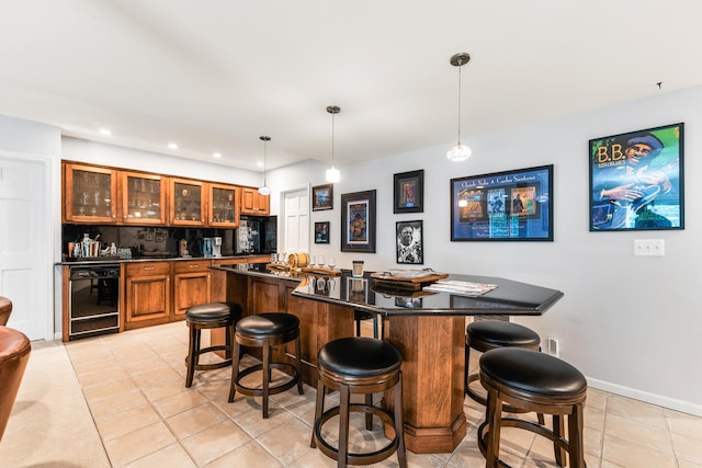 41W877 Hunters Rdg, Saint Charles, IL 60175 - indoor wet bar with recessed lighting, black dishwasher, tasteful backsplash, light tile patterned floors, and decorative light fixtures