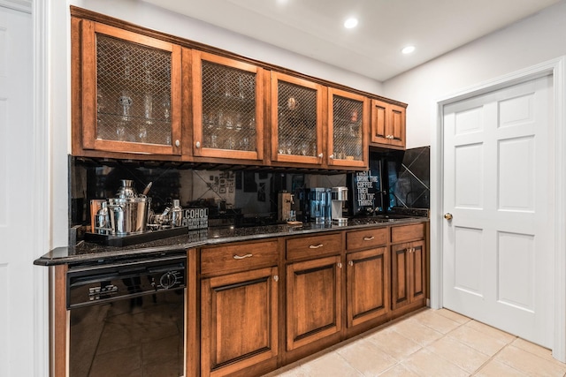 41W877 Hunters Rdg, Saint Charles, IL 60175 - bar featuring dishwasher, decorative backsplash, light tile patterned floors, and recessed lighting