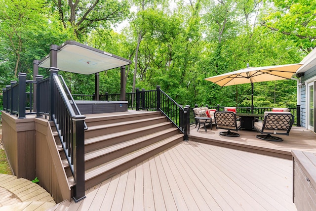 41W877 Hunters Rdg, Saint Charles, IL 60175 - wooden deck with an outdoor living space, view of wooded area, a hot tub, and stairs