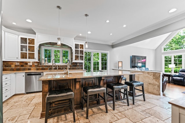 41W877 Hunters Rdg, Saint Charles, IL 60175 - kitchen with dishwasher, stone tile floors, open floor plan, backsplash, and recessed lighting