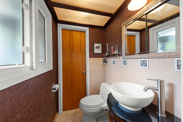 22W300 Arbor Ln, Glen Ellyn, IL 60137 - bathroom with toilet, tile patterned floors, tile walls, vanity, and wainscoting