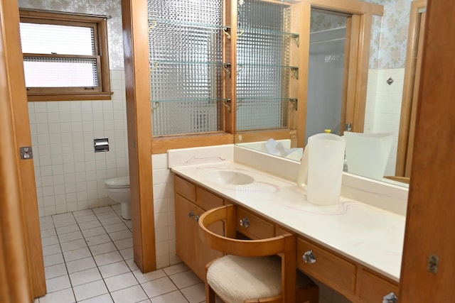 17315 Bryant Ln, Hazel Crest, IL 60429 - bathroom featuring tile walls, tile patterned floors, wallpapered walls, toilet, and vanity