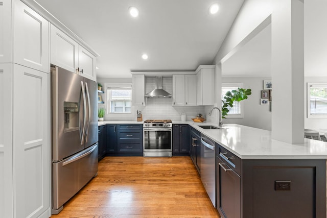 581 Summerdale Ave, Glen Ellyn, IL 60137 - kitchen featuring appliances with stainless steel finishes, a sink, wall chimney range hood, a peninsula, and healthy amount of natural light