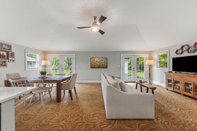 581 Summerdale Ave, Glen Ellyn, IL 60137 - living area featuring french doors, vaulted ceiling, a ceiling fan, and baseboards