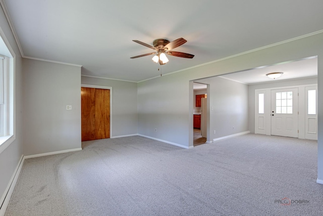 2422 E Grand Ave, Lindenhurst, IL 60046 - carpeted spare room with ceiling fan, baseboards, a baseboard radiator, and crown molding