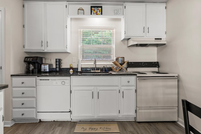 610 English Creek Ct Unit B, Champaign, IL 61821 - kitchen featuring white appliances, under cabinet range hood, wood finished floors, and white cabinets