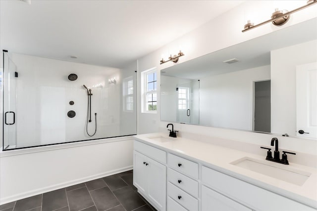 28 Open Pkwy, Hawthorn Woods, IL 60047 - full bathroom featuring a shower with door, double vanity, and tile patterned floors