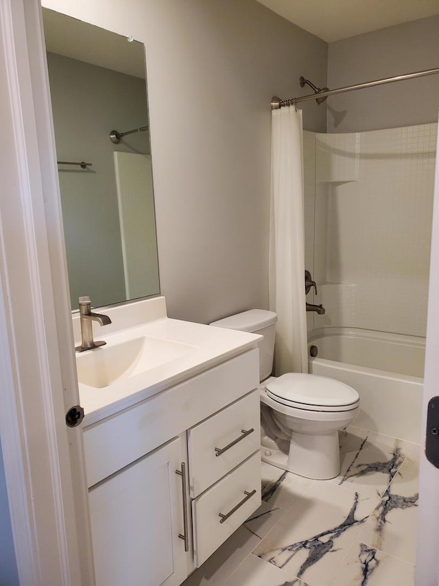 754 Westbury Dr, Cary, IL 60013 - bathroom featuring vanity, marble look tiles, and shower / bath combo with shower curtain