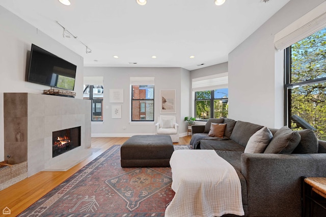 4606 S Lake Park Ave Unit 201N, Chicago, IL 60653 - living room with track lighting, light wood finished floors, a tile fireplace, recessed lighting, and baseboards