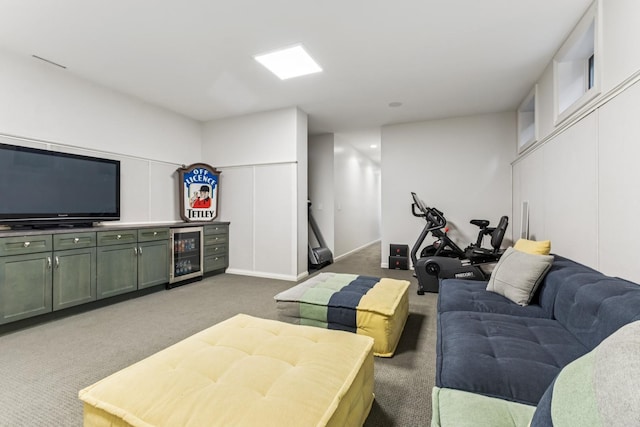 living room with wine cooler and carpet floors