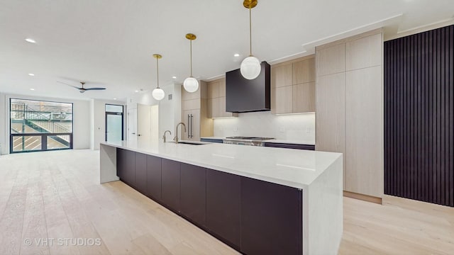 642 W Webster Ave Unit 1, Chicago, IL 60614 - kitchen with premium range hood, modern cabinets, light wood-style floors, light countertops, and a large island with sink