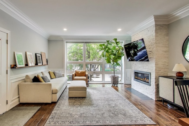 2312 W Belmont Ave Unit 1W, Chicago, IL 60618 - living room with dark wood-type flooring, crown molding, and a fireplace