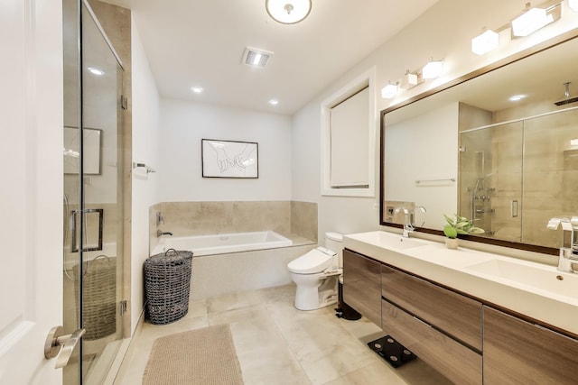 2312 W Belmont Ave Unit 1W, Chicago, IL 60618 - full bathroom with double vanity, a shower stall, a bath, toilet, and tile patterned flooring