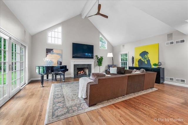 3 Woodley Mnr, Winnetka, IL 60093 - living room featuring wood finished floors, high vaulted ceiling, a high end fireplace, beamed ceiling, and baseboards