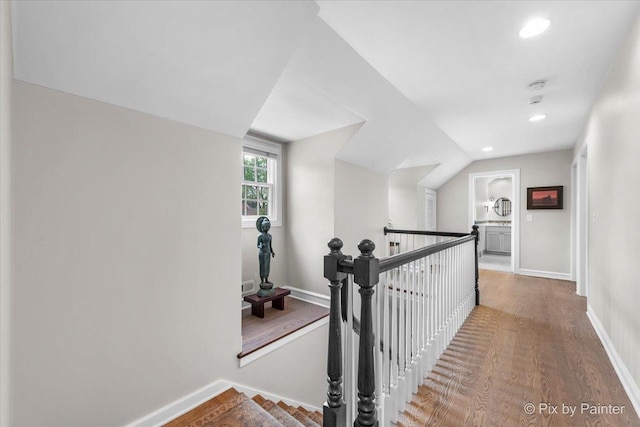 3 Woodley Mnr, Winnetka, IL 60093 - hallway with an upstairs landing, wood finished floors, baseboards, and recessed lighting