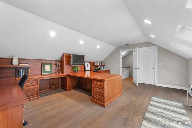 3 Woodley Mnr, Winnetka, IL 60093 - office area featuring wood finished floors, a skylight, lofted ceiling, and recessed lighting