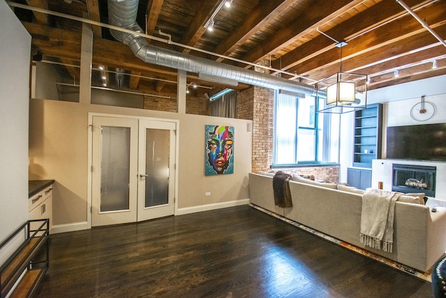 1727 S Indiana Ave Unit 214, Chicago, IL 60616 - living area featuring wooden ceiling, baseboards, french doors, dark wood-style flooring, and a fireplace