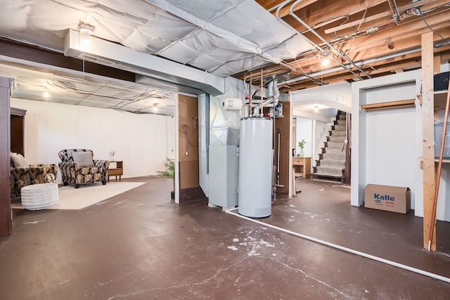 1410 Barnhart Ct, Zion, IL 60099 - unfinished basement with water heater, stairway, and heating unit