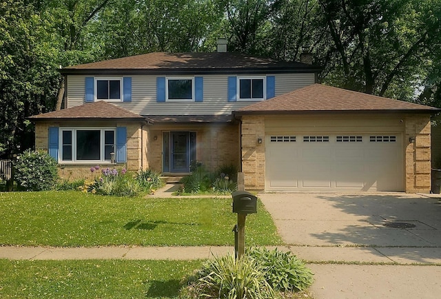 1602 Nightengale Cir, Lindenhurst, IL 60046 - view of front facade featuring a garage, concrete driveway, a front lawn, roof with shingles, and a chimney