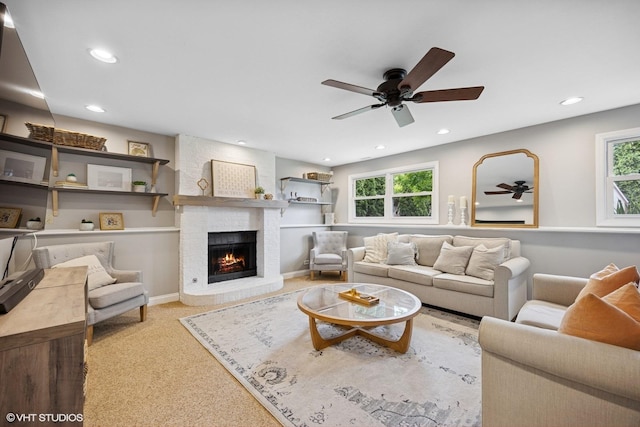 269 Cascade Dr, Crystal Lake, IL 60012 - living area with ceiling fan, plenty of natural light, carpet flooring, recessed lighting, and a fireplace
