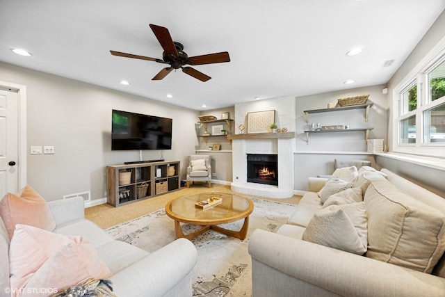 269 Cascade Dr, Crystal Lake, IL 60012 - living area featuring a ceiling fan, recessed lighting, a fireplace, baseboards, and carpet