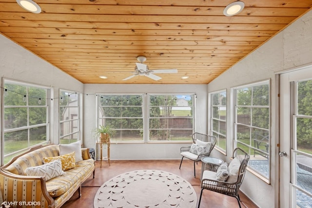 269 Cascade Dr, Crystal Lake, IL 60012 - sunroom / solarium featuring wood ceiling, plenty of natural light, lofted ceiling, ceiling fan, and wood finished floors