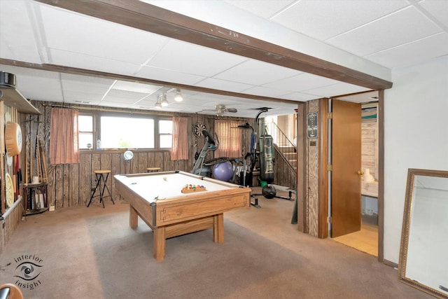 7707 Bristol Ln, Tinley Park, IL 60477 - playroom with wooden walls, a drop ceiling, carpet flooring, and billiards table