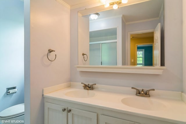 1921 E Peachtree Ln, Arlington Heights, IL 60004 - bathroom with crown molding, double vanity, a shower with door, and toilet