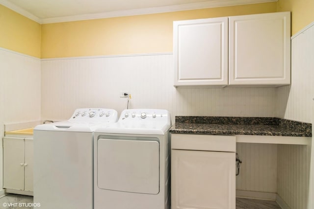 1921 E Peachtree Ln, Arlington Heights, IL 60004 - laundry room with washer and clothes dryer, cabinet space, a wainscoted wall, crown molding, and a desk