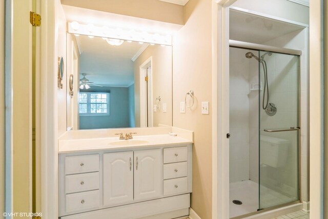 1921 E Peachtree Ln, Arlington Heights, IL 60004 - bathroom with crown molding, a stall shower, and vanity