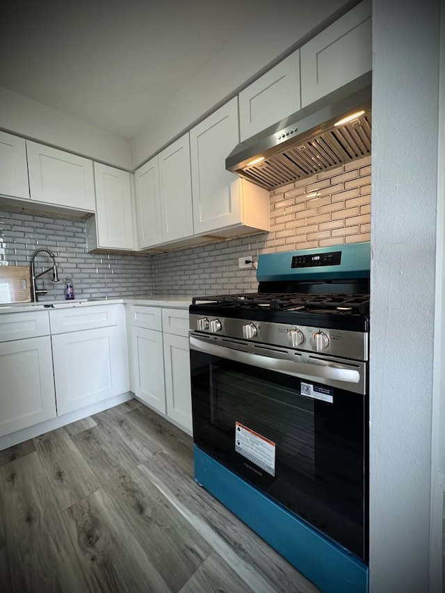 9720 S Pulaski Rd Unit 306, Oak Lawn, IL 60453 - kitchen with gas stove, ventilation hood, light countertops, and tasteful backsplash