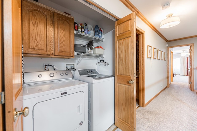 1607 Park Point, Ridge Point, Park Ridge, IL 60068 - laundry area featuring cabinet space, washer and clothes dryer, ornamental molding, light carpet, and baseboards